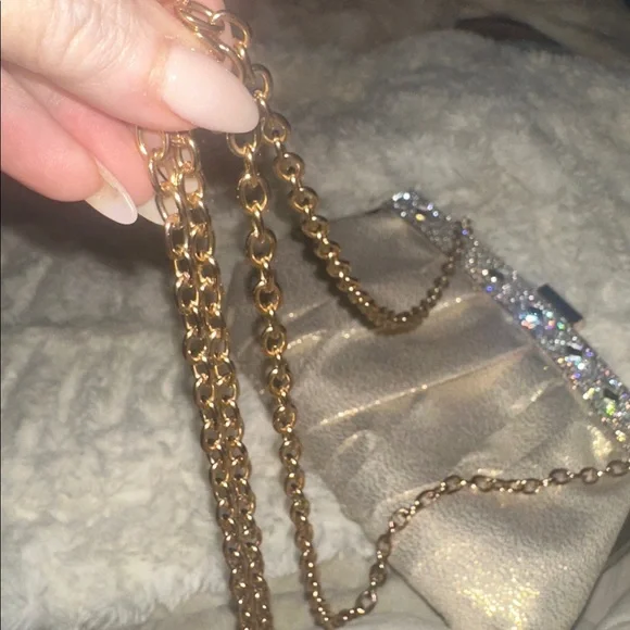 Gleaming Cream Clutch with Rhinestone Detail Detachabable  D- Ring long chain. - Picture 4 of 5